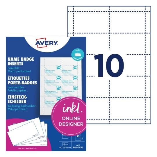 Avery namnskyltsinsatser, 54x90 mm, vita, utskrivbara, mikroperforerade, för bläckstråleskrivare, färglaserskrivare, svartvit laserskrivare, kopiat...