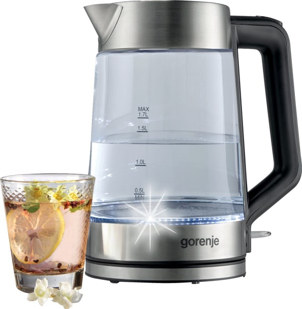 Gorenje K17GED, 1,7 l, 2200 W, Rustfritt stål, Glass, Vannivåindikator, Trådløs