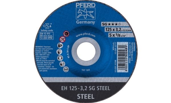 PFERD 61320232, Kutteskive, Stål, 12,5 cm, Alle merker, Flatt senter, 2,22 cm