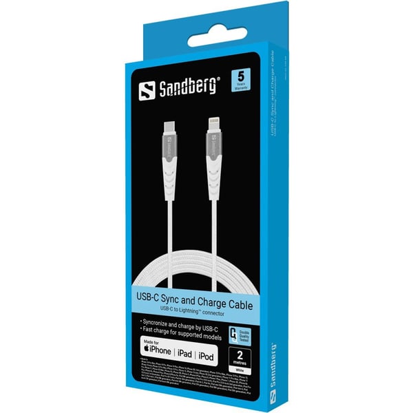 Sandberg - Lightning-kabel - 24 pin USB-C hann til Lightning hann - 2 m - MFI-sertifisert - hvit - USB Power Delivery