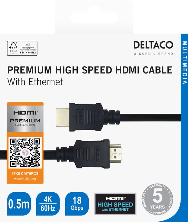 DELTACO - Premium High Speed - HDMI-kabel med Ethernet - HDMI hann til HDMI hann - 50 cm - svart - 4K 60Hz støtte, up to 18 Gbps data transfer rate...