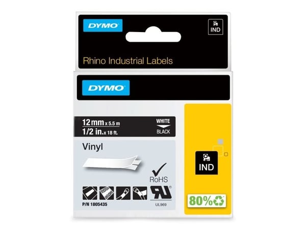 DYMO Rhino Coloured Vinyl - Vinyl - permanent klæbemiddel - vit på sort - Rulle (1,2 cm x 5,5 m) 1 kassett(r) tejp - för DYMO ILP219; Rhino 4200, 5...