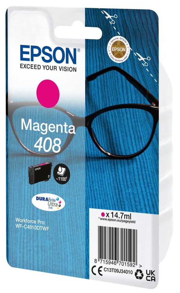 Epson 408 Lukulasit DURABrite Ultra, yksittäispakkaus, magenta muste, High (L) Yield, Magenta, Väriainepohjainen muste, 14,7 ml, 1 kpl, Kertapakkaus