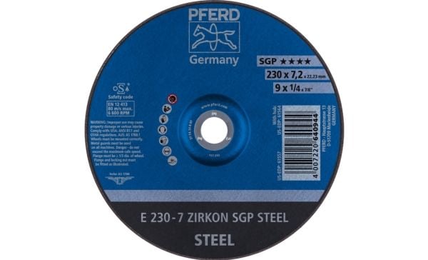 PFERD E 230-7 ZIRKON SGP STÅL, Metall, 6600 o/min, 23 cm, 7,2 mm, 10 stk.
