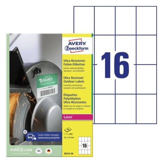 Avery B5274-50 etiketter 52 x 74 mm A4, matt vit, belagda (B5274-50) 1 ark