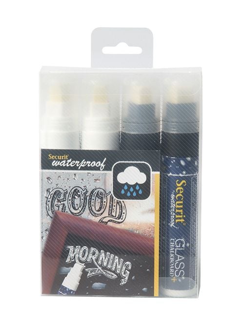 Securit Waterproof Glass + Chalkboard Markers, Large Nib, Wallet 4-Pack, 2 White/2 Black (SMA820-V4-BW), Svart, Hvit, Blokk, Luktfri, 4 stykker