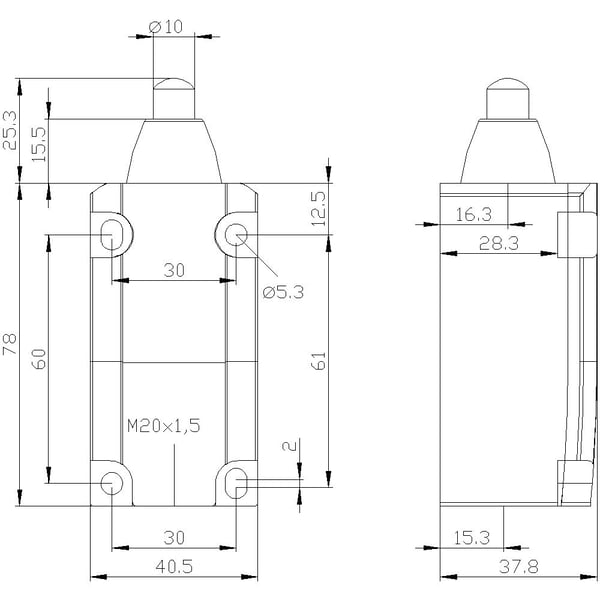 Siemens 3SE51320BC03 3SE5132-0BC03 Asentokytkin 6 A, kupumäinen iskuri, muovinen iskuri, IP66, IP67, 1 kpl, muovi, IP66, IP67, 43 mm, 49 mm, 127 mm...