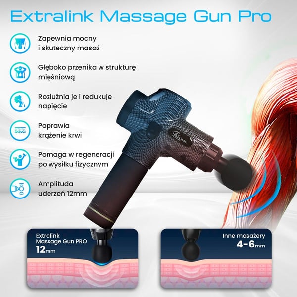 Extralink massasjepistol Pro 3800 RPM MSG-01-PRO, 6 utskiftbare hoder, svart
