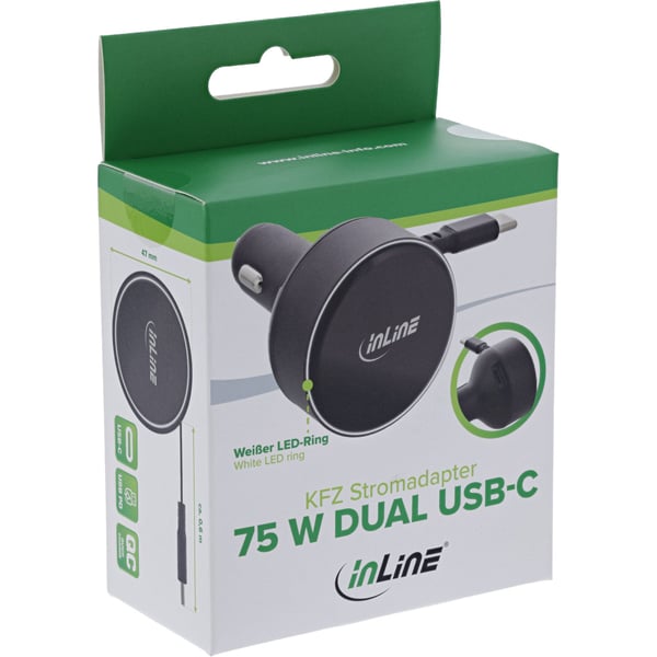 InLine Dual USB-C bilstrømadapter 12/24V - forlengbar kabel + stikkontakt - 75W (31502R)