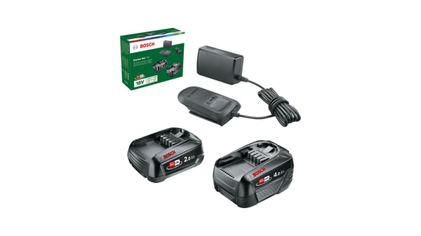 Bosch 18V Li-ion-akkupakkaus, 2,0 Ah + 4,0 Ah akut ja AL 18V-20 -laturi