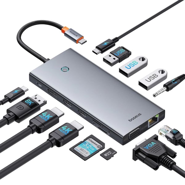 Baseus Hub 13in1 Baseus PortalJoy USB-C HDMI+DP+VGA+C+USB+PD+RJ45+SD/TF+3,5 mm (harmaa)