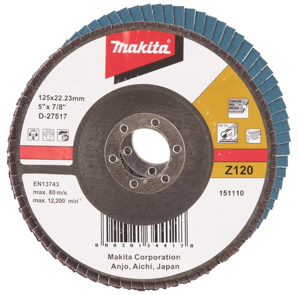 Makita - Laippakiekko - puulle, metallille, muoville, ruostumattomalle teräkselle, värimetallille - 125 mm - karkeus: Z120 - Makita DGA513, DGA515,...