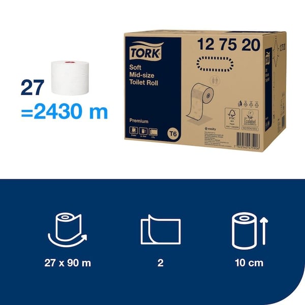 Toiletpapir Tork Soft Mid-Size T6 Premium 2-lag hvid 90m - (27 ruller pr. karton)