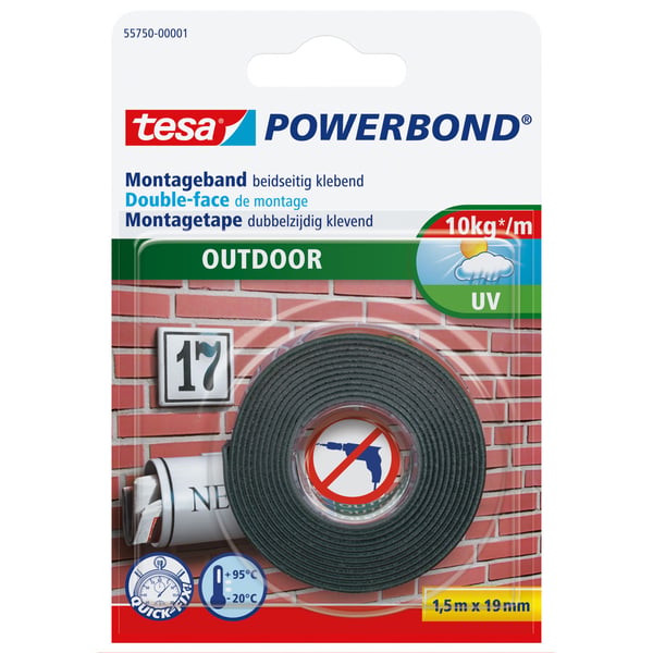 TESA Powerbond OUTDOOR, Monteringstejp, Svart, 1,5 m, Utomhus, Tegel, Metall, Plast, Sten, 0,1 kg/cm
