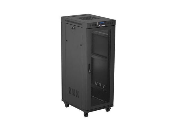 Lanberg FF01 series - Rack skap - 600 x 800, flat pack, with mesh door, LCD - med LCD-skjerm, termostat, 4 kjølevifter - fritt stående, står på gul...