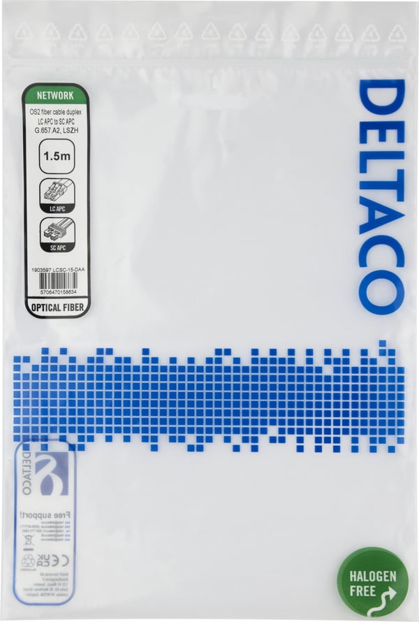 OS2 Fiberkabel, LC - SC, duplex, APC/APC, 1,5m