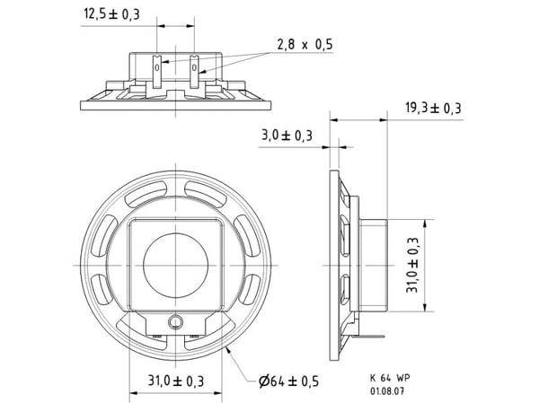 Visaton K 64 WP, 200 - 15000 Hz, svart, TV-/monitorhögtalare, 64 x 64 x 19,3 mm
