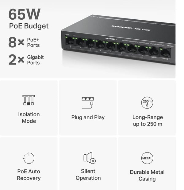 Mercusys MS110CP nettverksswitch med 8 porter à 10/100 Mbps + 2 Gigabit PoE-porter, svart