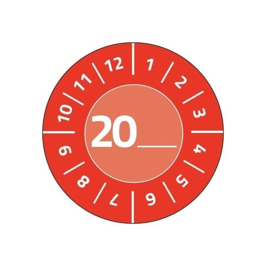 Rød inspektionsetiket Ø30 mm med årstal 20__ til selv at udfylde, Vinyl Rød - (10 ark x 8 stk.)