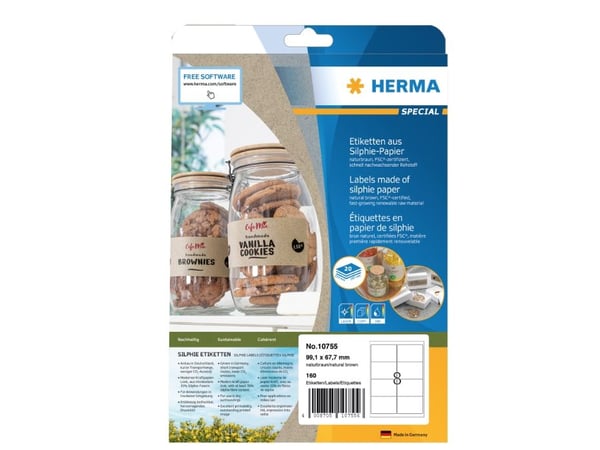 HERMA 10755, Ruskea, Suorakulmio, Kiinteä, 99.1 x 67.7 mm, A4, Paperi