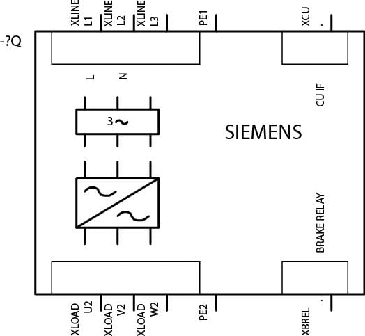 Siemens 6SL3225-0BE31-1AA1, U-muunnin, 380–480 V, 550 Hz, 334 mm, 7,65 kg, 390 mm