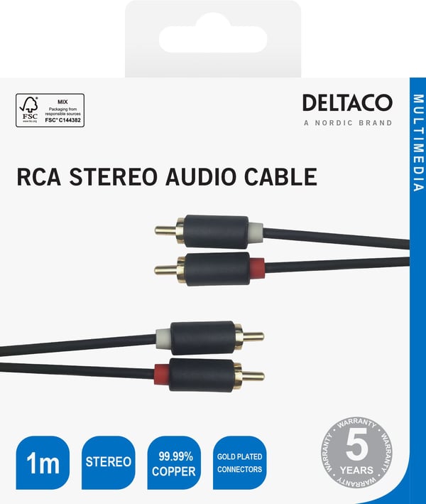 DELTACO - Lydkabel - RCA x 2 hann til RCA x 2 hann - 1 m - svart