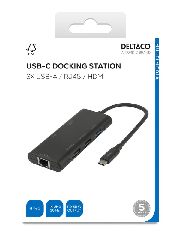 DELTACO - Dokkingstasjon - USB-C - HDMI - 100Mb LAN