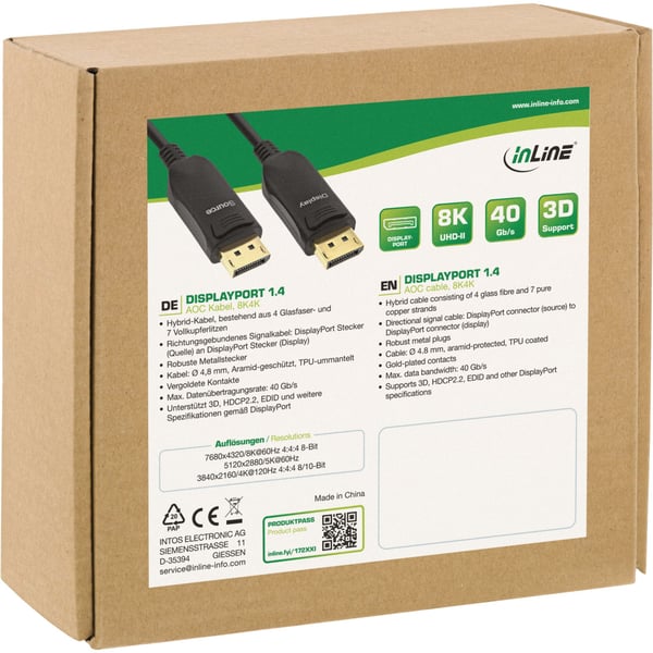InLine 17210I, 10 m, DisplayPort, DisplayPort, Hankjønn, Hankjønn, 7680 x 4320 piksler