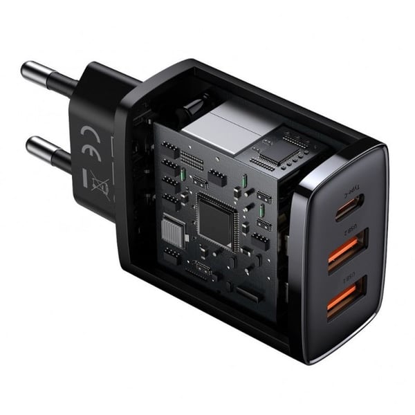 Baseus Compact-pikalaturi, 2xUSB, USB-C, PD, 3A, 30W (musta)