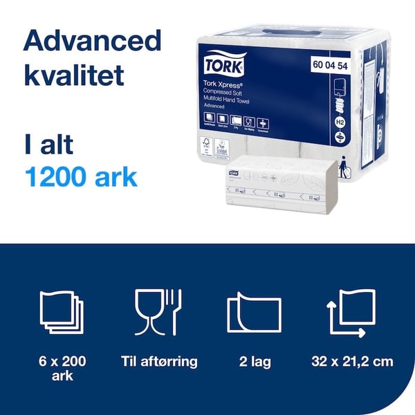 Tork Xpress® H2 Soft Multifold Komprimerade Handdukar, Vita - (6-pack x 200 ark/kartong)