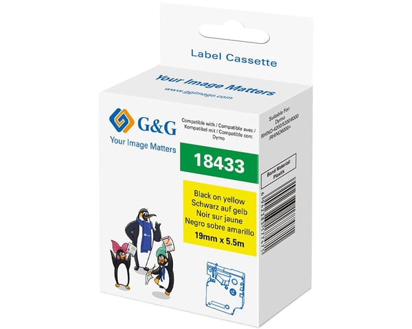 G&G 21694, Svart på gul, Kontinuerlig etikett, Svart, Vinyl, DYMO, 1,9 cm