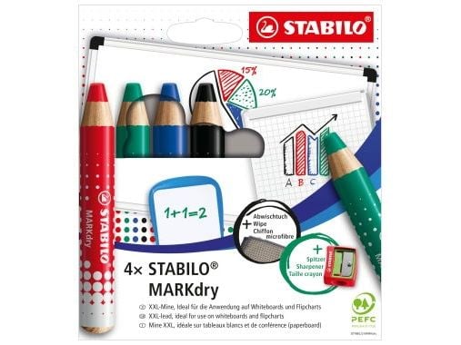 Stabilo MARKdry Whiteboard/Flipover-tusj inkl. spisser, med 4 stk. assorterte farger
