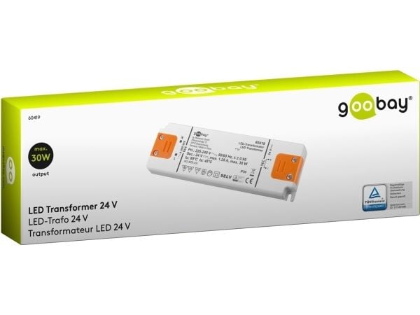 Goobay 60419, Elektroninen valaistusmuuntaja, Oranssi, Valkoinen, IP20, -20 - 45 °C, CE, RoHS Directive 2011/65/EU [OJEU L174/88-110, 01.07.2011, 30 W