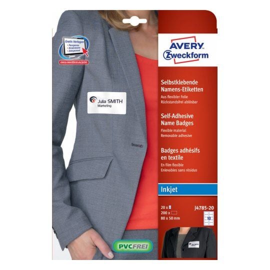 Avery J4785-20, Valkoinen, Pyöristetty suorakulmio, Irroitettava, 80 x 50 mm, Mustesuihku, 10 kpl