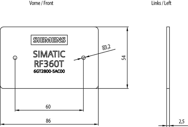 Siemens 6GT2800-5AC00, 13.56 MHz, IP67, 2,5 mm, 20 mm, 75 mm, 2 mm