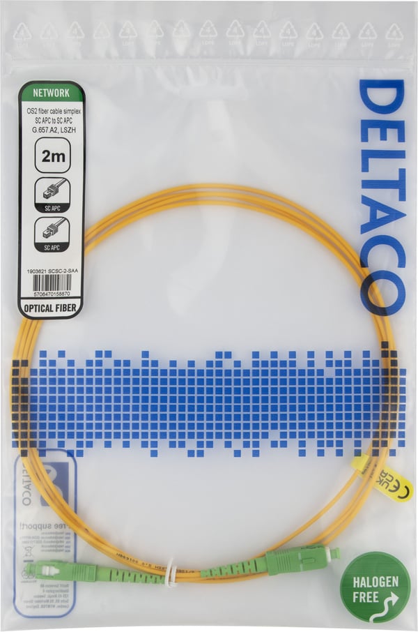 DELTACO - Koblingskabel - SC/APC (hann) til SC/APC (hann) - 2 m - 2 m - fiberoptisk - simpleks - OS2 - halogenfri, toretnings - gul