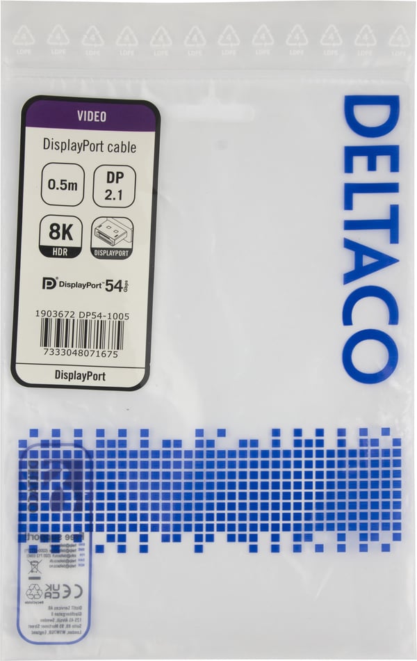 DELTACO - DisplayPort-kabel - DisplayPort (hann) låst til DisplayPort (hann) låst - DisplayPort 2.1a - 50 cm - VESA DP54 Certified, 8K 60Hz støtte ...