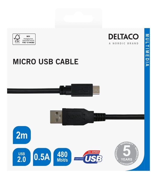 DELTACO - USB-kabel - Micro-USB typ B (hane) till USB (hane) - USB 2.0 - 0.5 A - 2 m - ladda och synka - svart