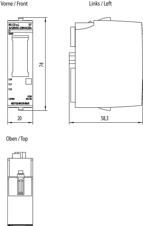 Siemens 6ES7132-6HC70-0BU0, IP20, 19.2-28.8 V, 73 mm, 56 g, 75 mm, 69 mm