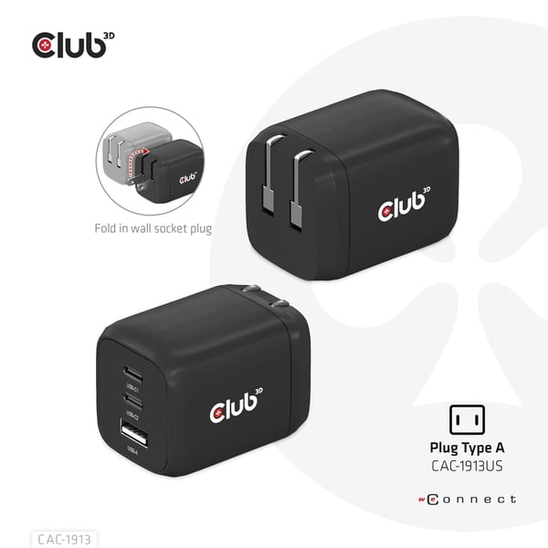 Club3D matkalaturi 2xUSB tyyppi C, 1xUSB tyyppi A, PD 65W vähittäismyyntipakkaus
