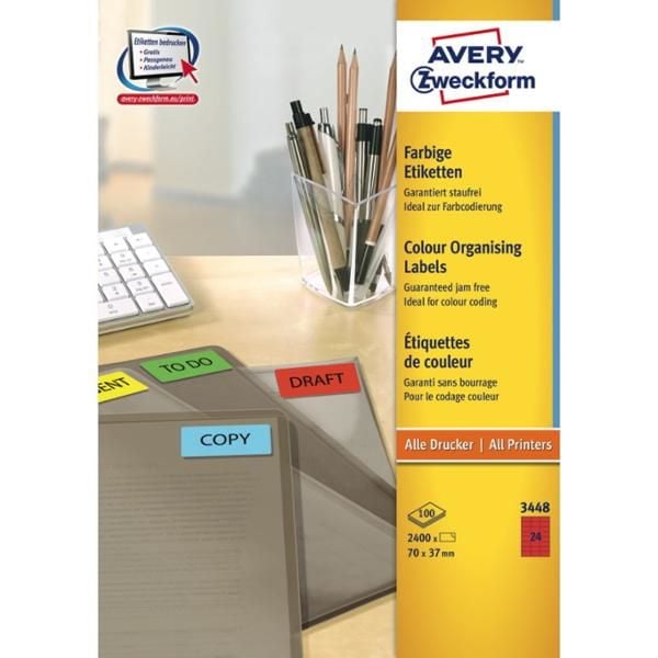 Avery 3448, Punainen, Itse kiinnittyvä tulostintarra, A4, Paperi, Laser/Inkjet, Kiinteä