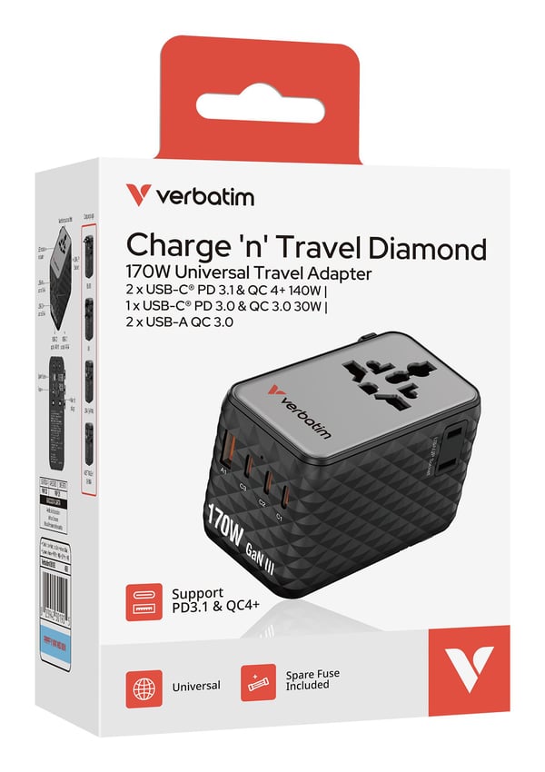 Verbatim Charge 'n' Travel - Strømadapter - GaN III, universal - 170 Watt - 10 A - Power Delivery 3.0 + PPS, Power Delivery 3.1, QC 3.0, QC 4.0+, U...