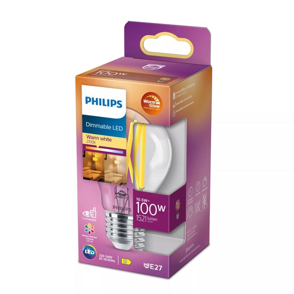 Philips LED Classic - LED-filamentlyspære - form: A60 - klar finish - E27 - 10.5 W (ekvivalent 100 W) - klasse D - varmglødslys - 2200-2700 K
