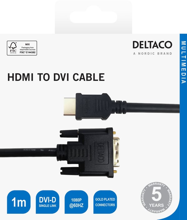 Deltaco HDMI- til DVI-D-kabel, 1 m, svart, 1 m, HDMI Type A (Standard), DVI-D, 1920 x 1080 piksler, Svart