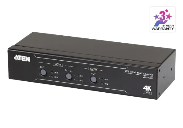 ATEN VM0202HB-AT-G, AV-matriisikytkin, 18 Gbit/s, 600 MHz, 4096 x 2160 pikseliä, 4096 x 2160, 3840 x 2160, Musta