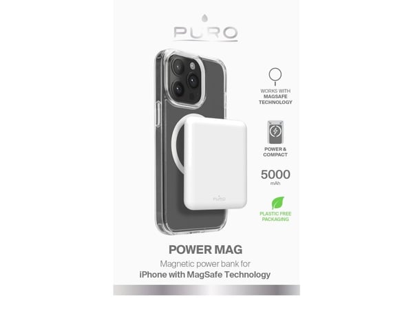 PURO Power Mag, 5000 mAh, Trådlös laddning, Vit