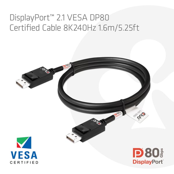 Club 3D - DisplayPort-kabel - DisplayPort (hann) låst til DisplayPort (hann) låst - DisplayPort 2.1 - 1.6 m - 8K 60Hz støtte, toretnings, 4K 240Hz ...