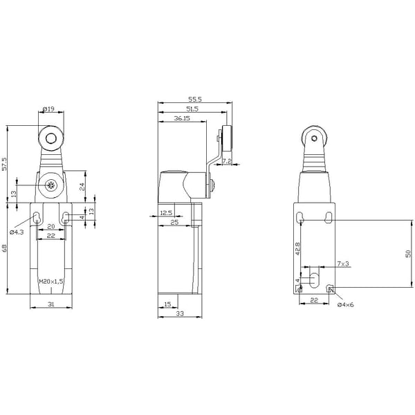 Siemens 3SE52320LK15 3SE5232-0LK15 Asentokytkin 6 A, kääntövipu, metallivipu, muovirulla, IP65, 1 kpl, muovi, IP65, 43 mm, 67 mm, 148 mm, 120 g