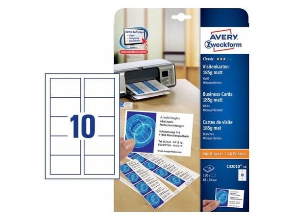 Avery - Hvit - 185 g/m² - 10 stk 10) visittkort