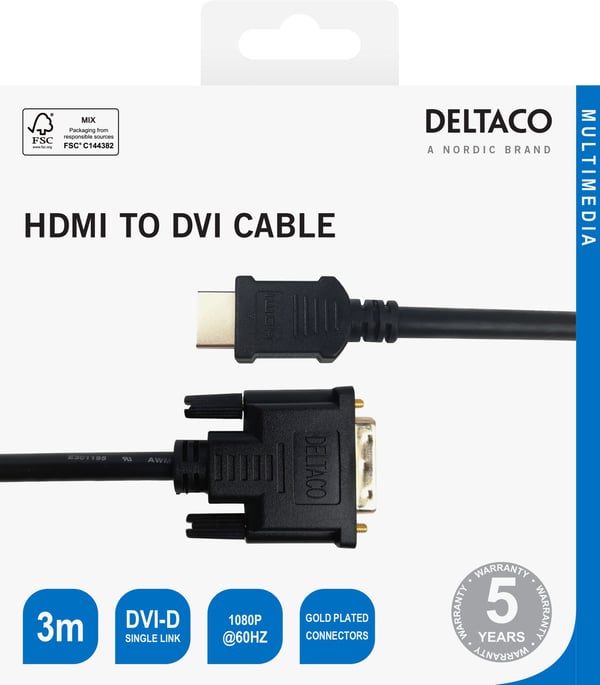 Deltaco HDMI- til DVI-D-kabel, 3 m, svart, 3 m, HDMI Type A (Standard), DVI-D, 1920 x 1080 piksler, Svart